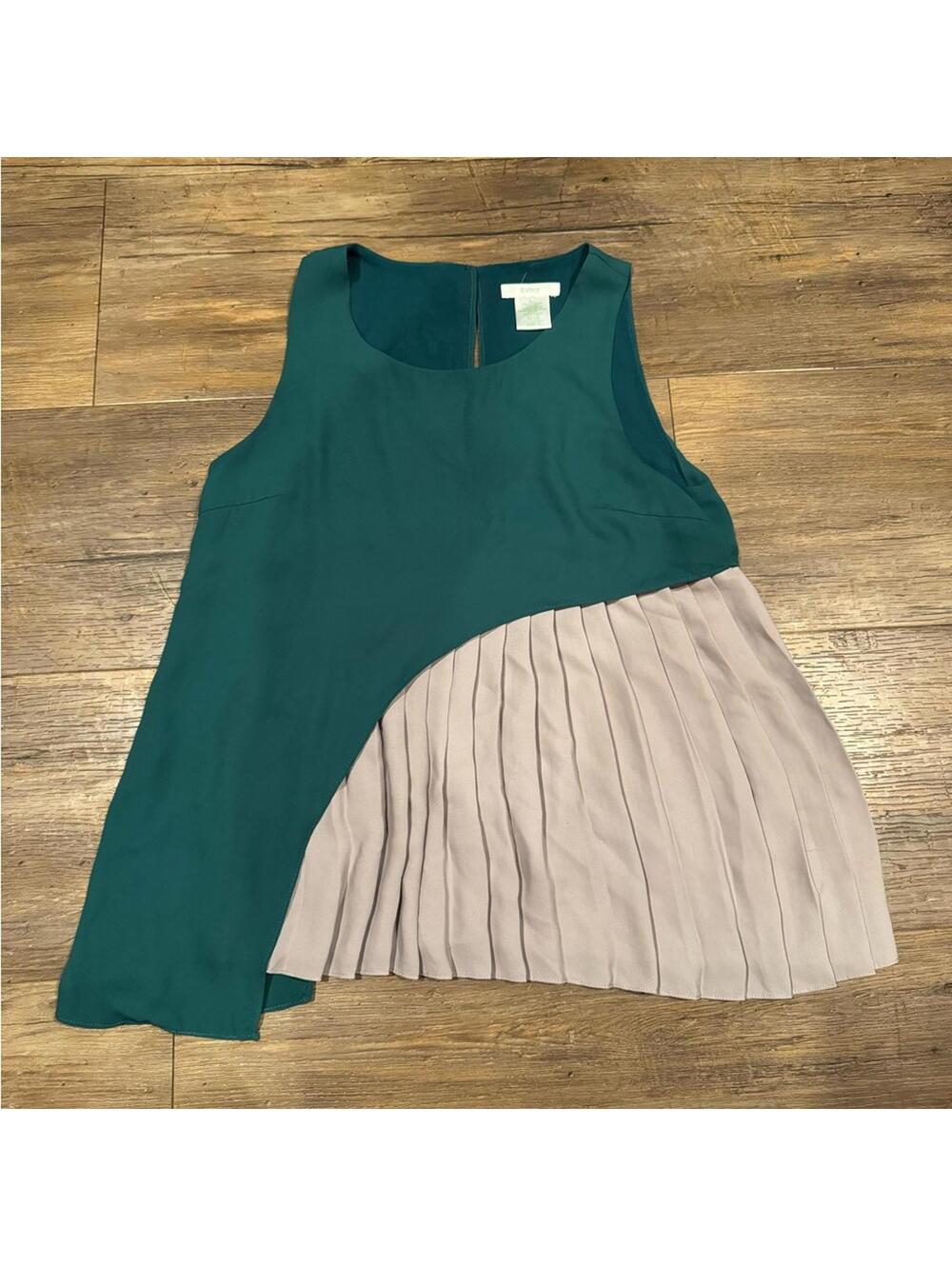 Esley Pleated Asymmetrical Color Block Tank Top Blouse Green Sz Sm